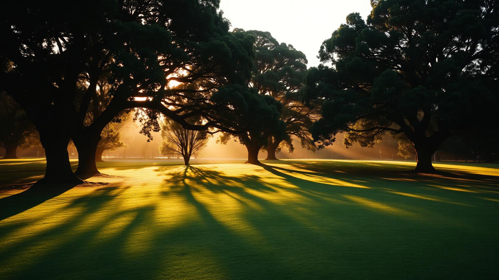 Golden hour light filtering through fig trees at Petersham Park